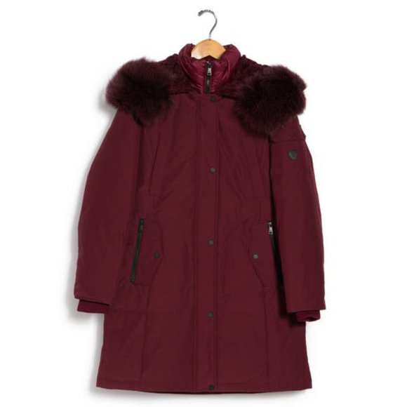 NEW 1MADISON Women Parka Burgundy Genuine Fox Fur Trim Mid Length Down Jacket - Picture 6 of 6